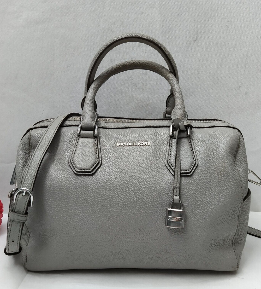 Michael Kors Mercer Gray Pebbled Leather Double Handles Zipper Satchel Bag